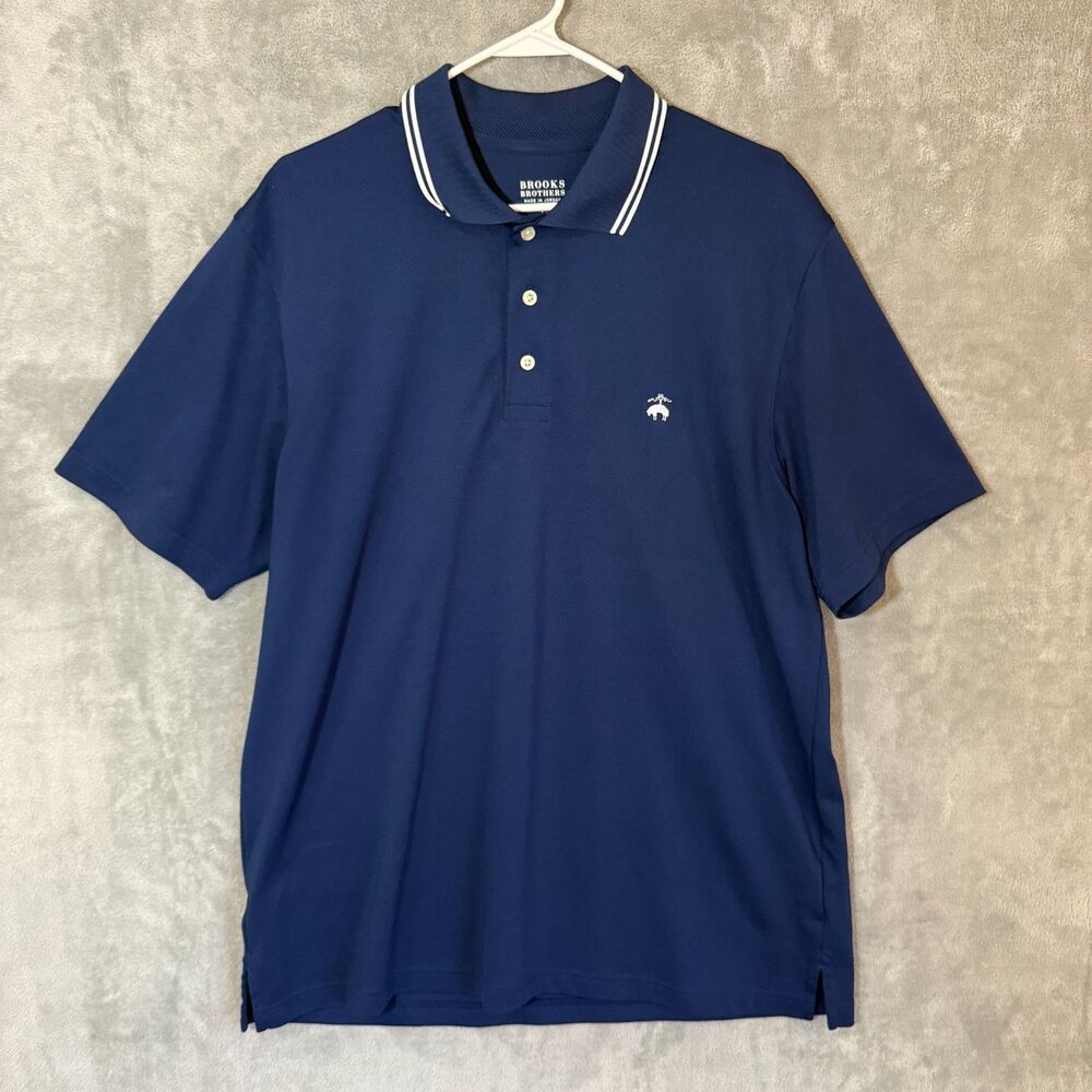 Brooks Brothers Polo Shirt Men Large Navy Blue Golf Vented Collar Golden Fleece